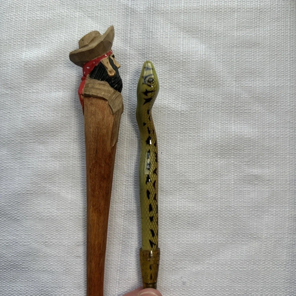 Lot of 2 Vintage Carved Wood Pens – Pirate & Snake Enamel Painted Novelty